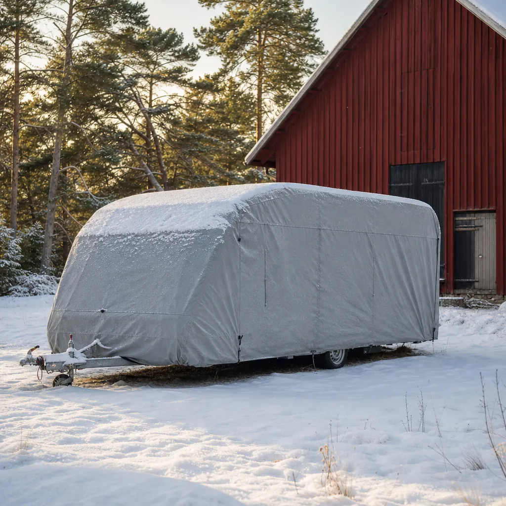 Husvagn under presenning vid uppställning på vintern