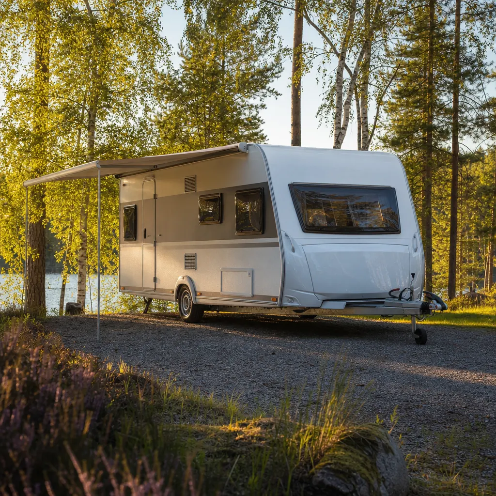 Modern lättviktsvagn på skogsglänta i kvällsljus