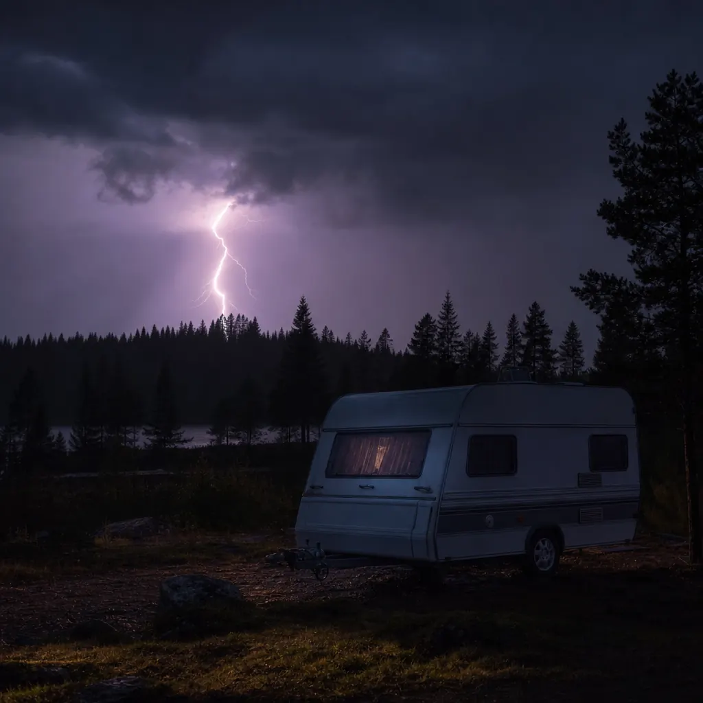 Husvagn på svensk camping en sommarnatt med åskväder och blixt i fjärran