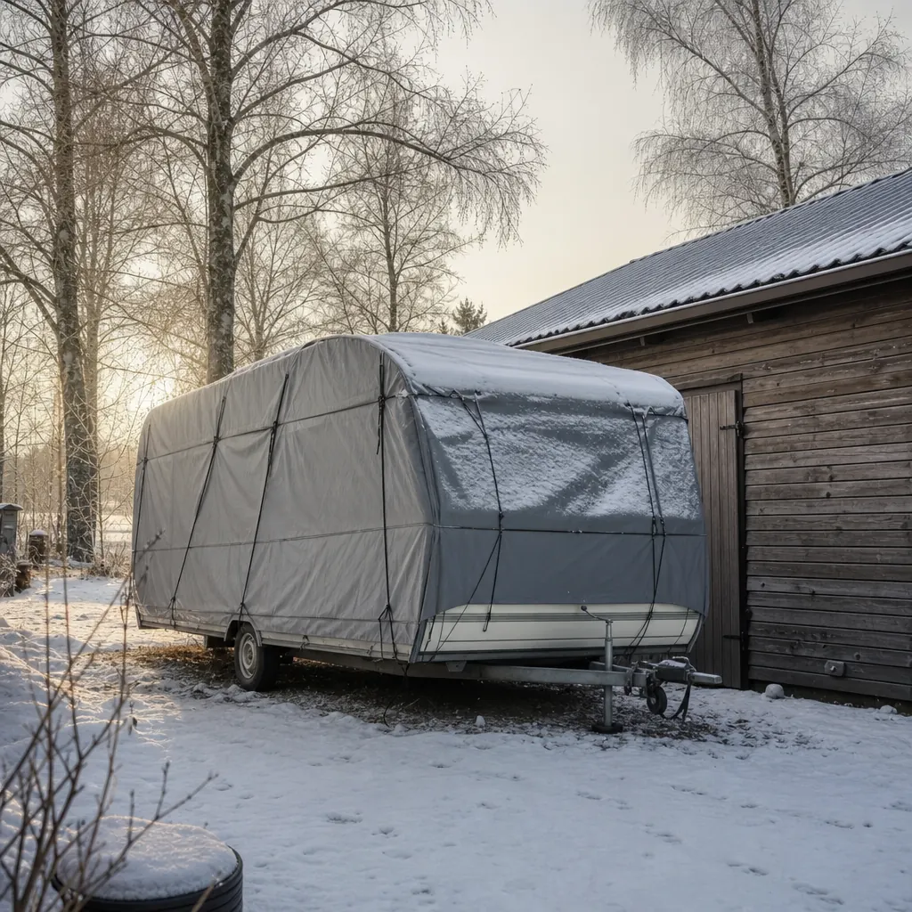 Husvagn parkerad under presenning på vintergård med snö