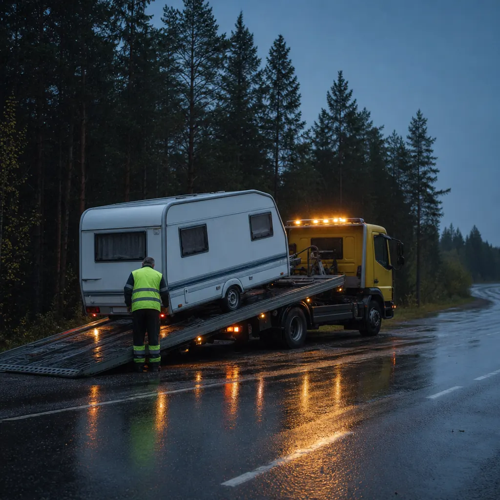 Bärgningsbil lyfter husvagn vid svensk landsväg i regn med varningsblixt