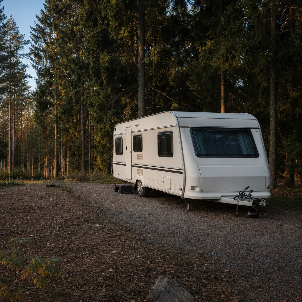 Tysk husvagn på grusplan vid svensk granskog kvällsljus