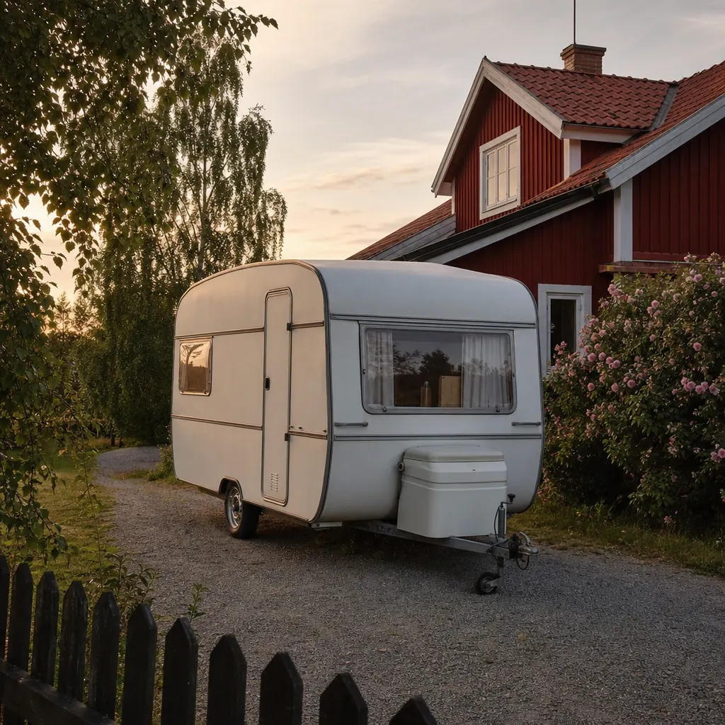 Välhållen äldre svensk husvagn på grusuppfart med trädgård