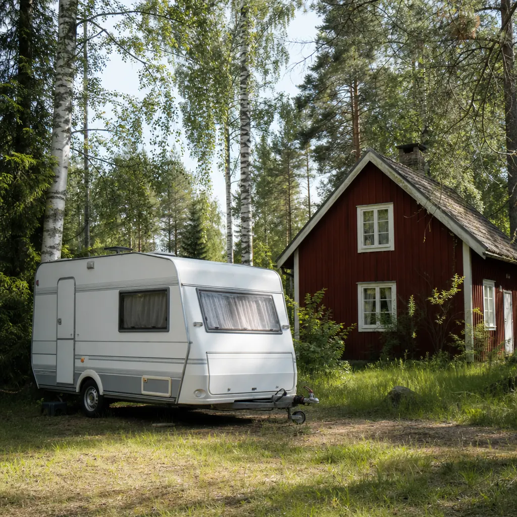 Husvagn parkerad vid rödmålad stuga i svensk skogsglänta sommartid