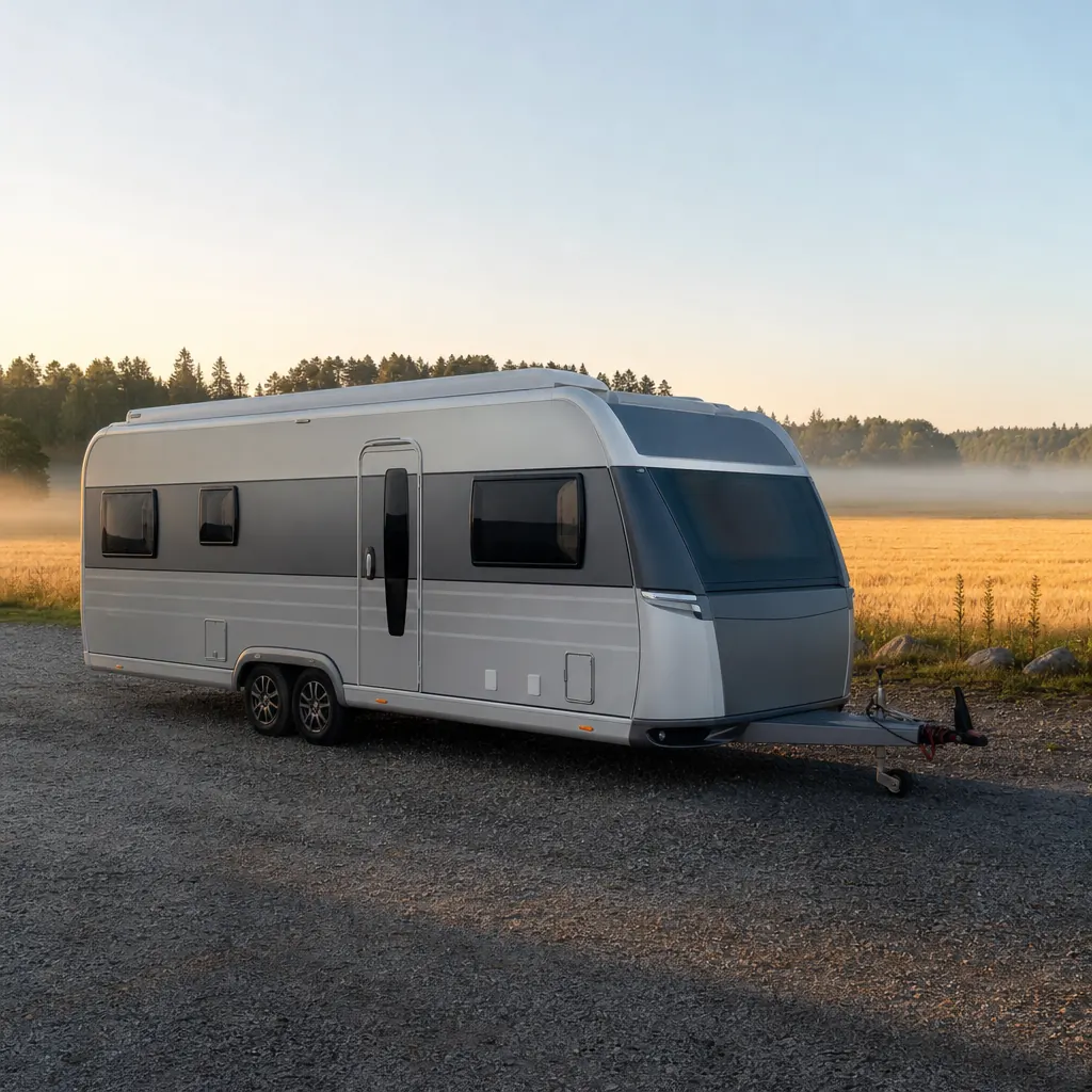 Premium husvagn parkerad vid skånsk åkermark sommarmorgon