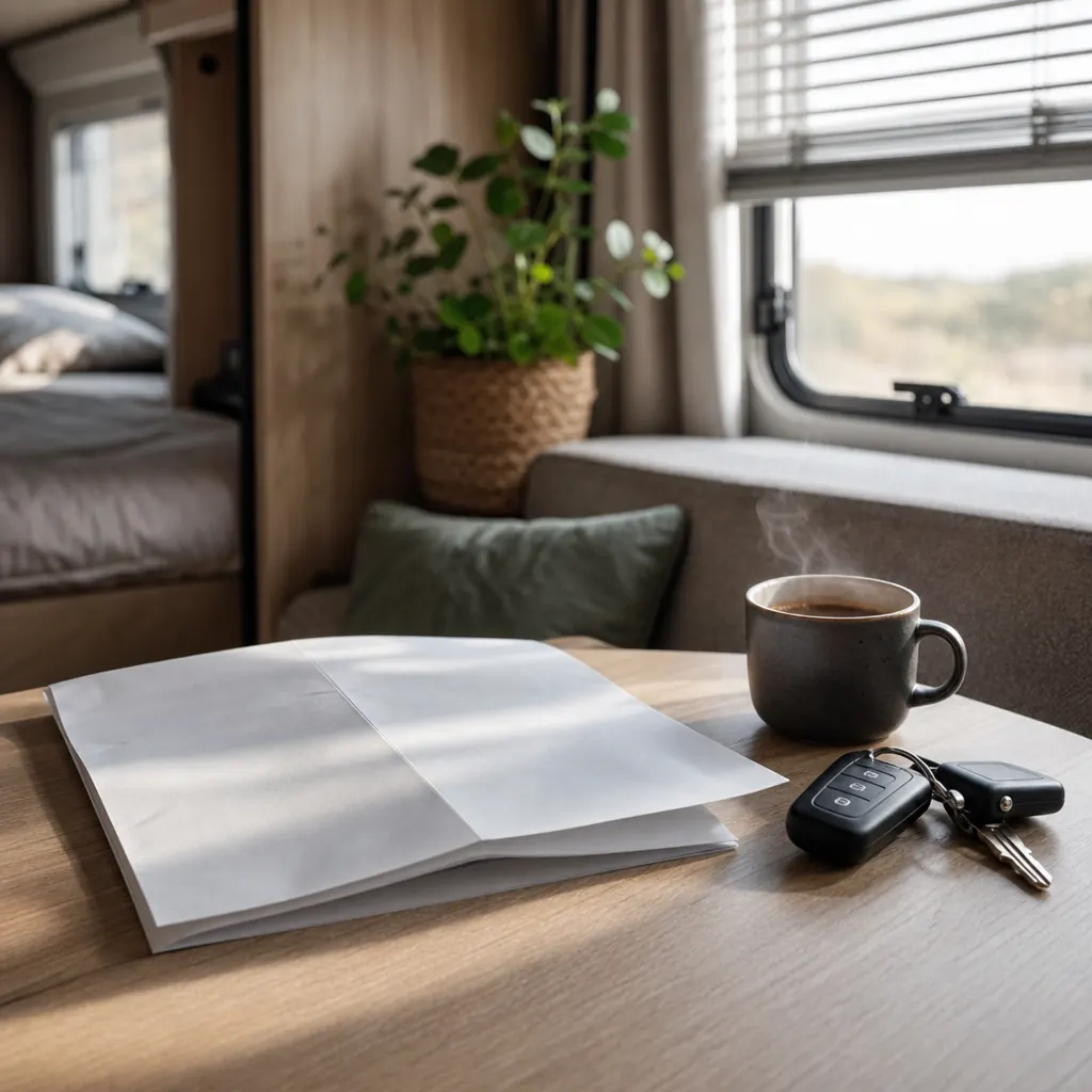 Försäkringsbrev och nycklar på trämatta vid morgonkaffe i husvagn