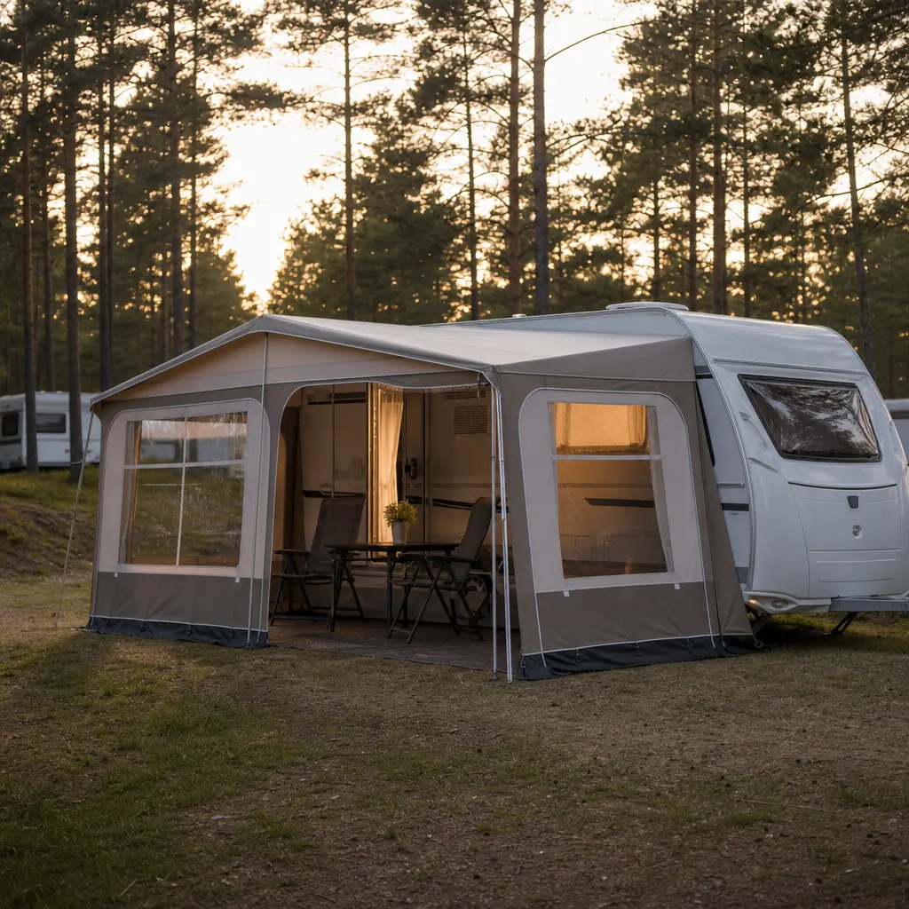 Förtält uppmonterat vid husvagn på svensk campingplats i skymning