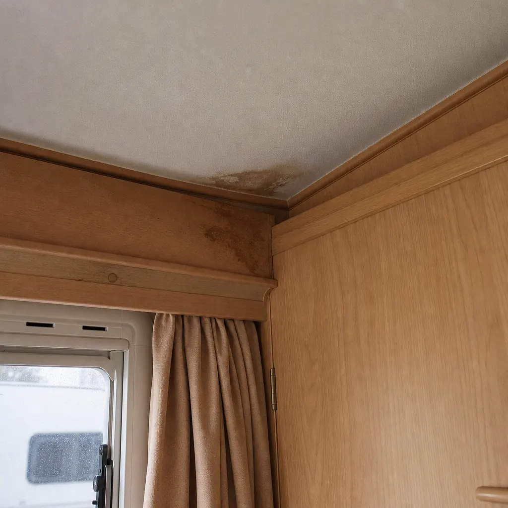 Inre fuktskada i tak på husvagn med missfärgad panel och fuktfläck