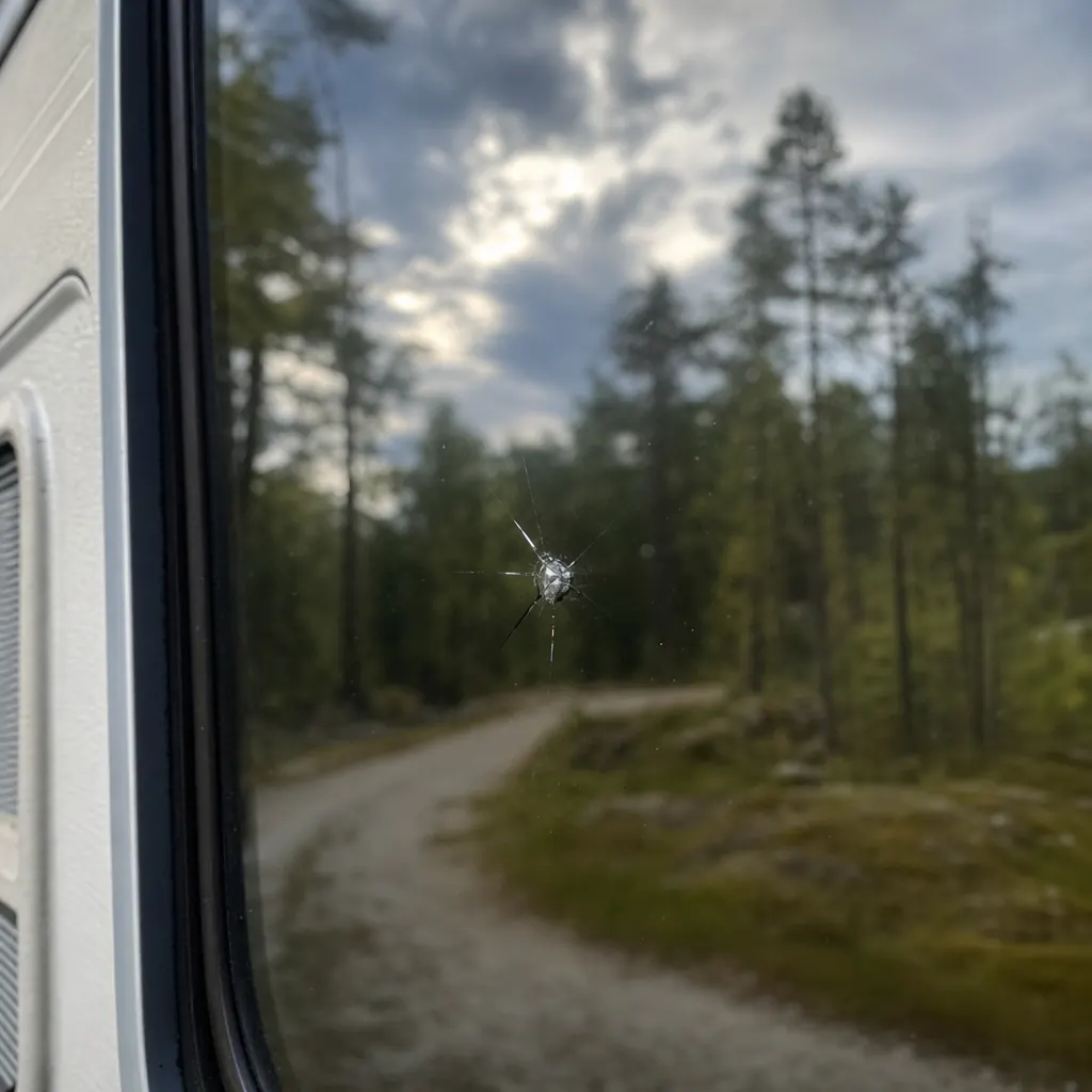 Närbild på stenskott i husvagnsruta med spricklinje över glaset