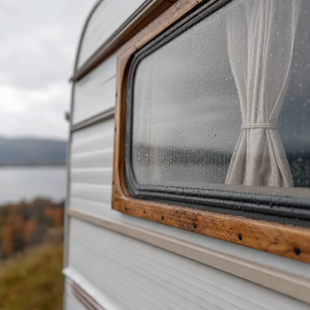 Närbild av husvagnsfönster med vattendroppar i regn