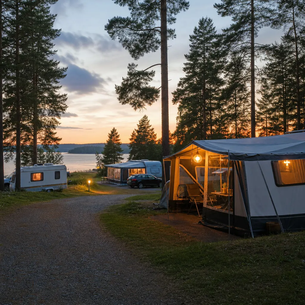 Svensk camping i sommarljus med flera husvagnar uppställda