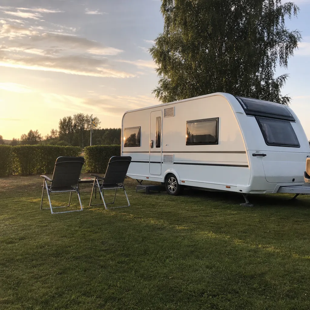 Tysk husvagn på campingtomt i svensk eftermiddagssol