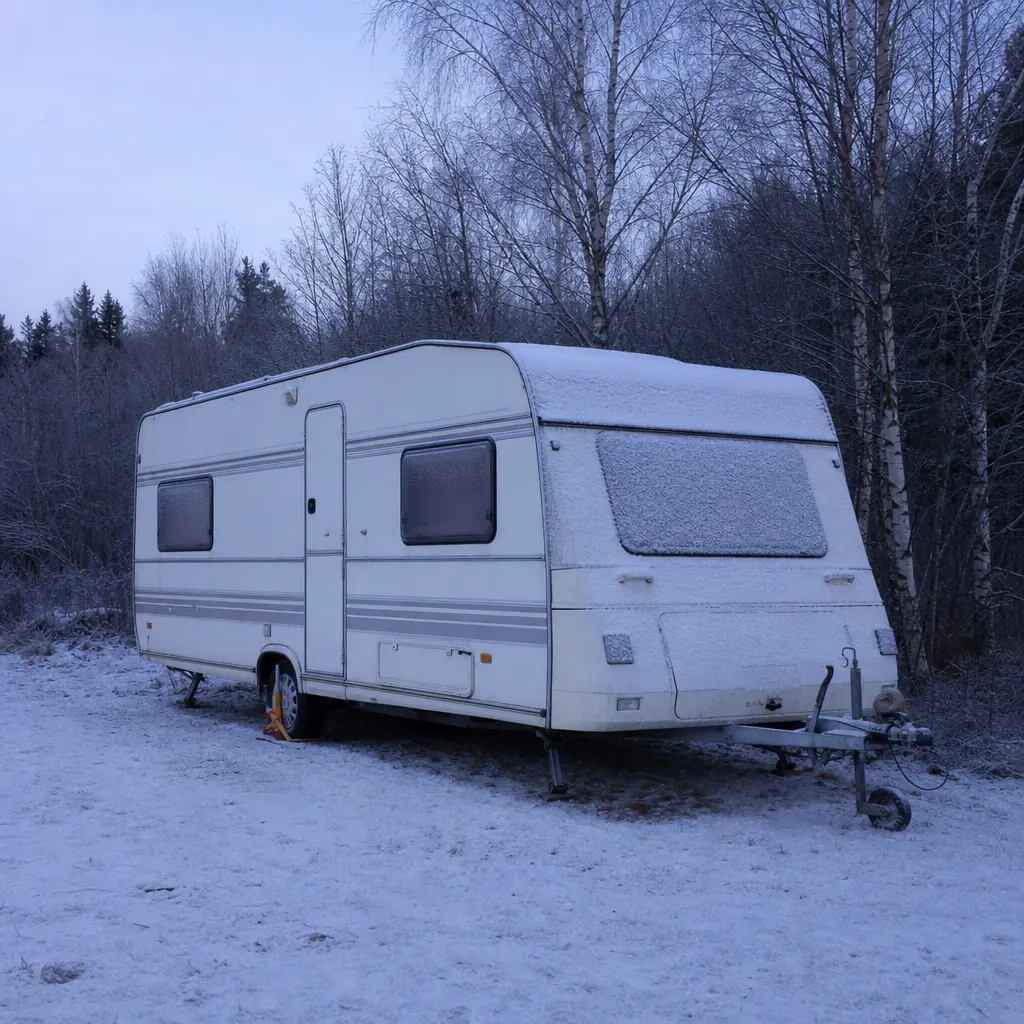 Husvagn täckt med snö på vinteruppställning vid förråd i skogsmiljö