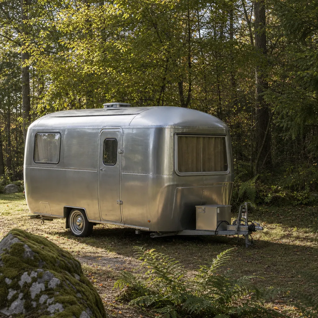 Retroformad aluminiumhusvagn parkerad i svensk skogsglänta