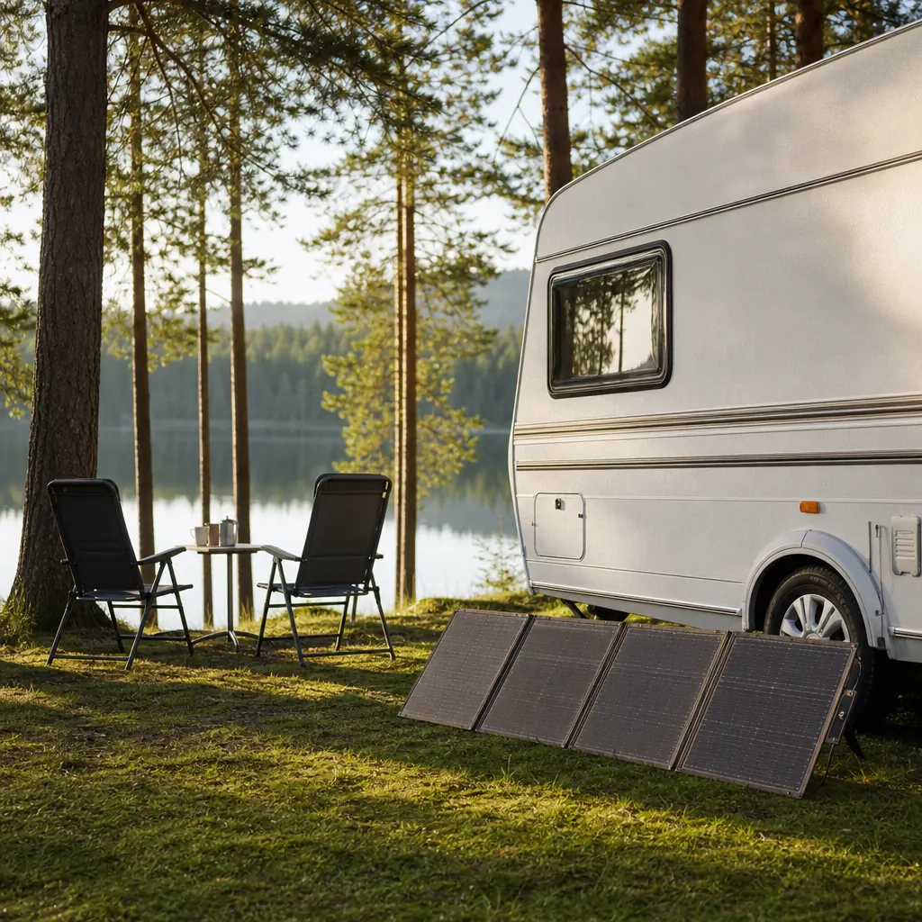 Bärbar solpanel kopplad till modern husvagn på naturcamping vid sjö