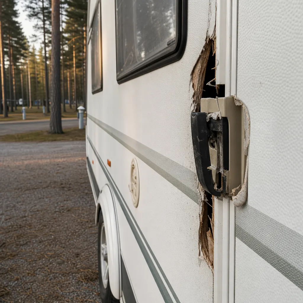 Uppbruten husvagnsdörr med synliga märken efter inbrott på campingplats