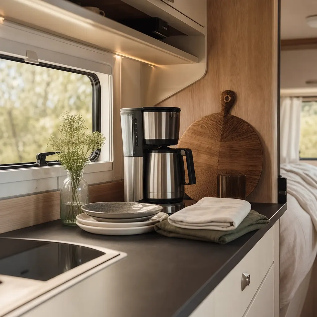 Köksbänk i husvagn med kaffekokare, fat och campingbestick
