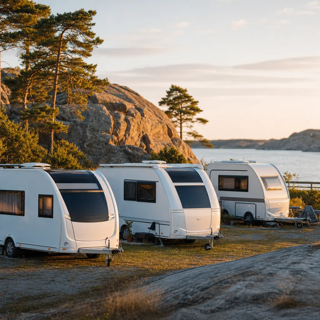 Husvagnar uppställda på svensk camping i kvällsljus
