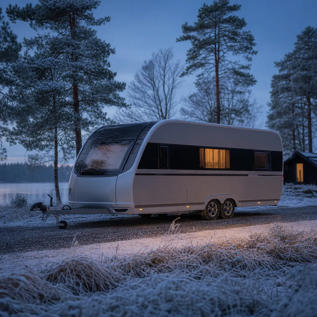 Premium svensk husvagn på vinterväg vid småländsk skog