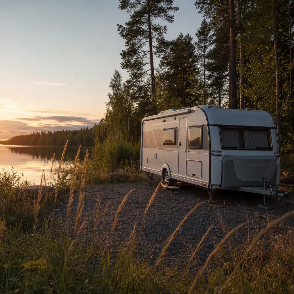 Tysk husvagn parkerad vid sjökant på grusplan