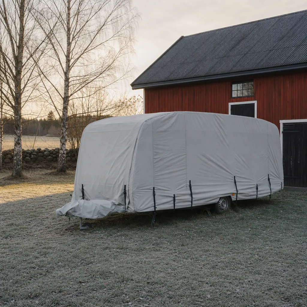 Husvagn under presenning vid svensk lantgård i tidig vinter