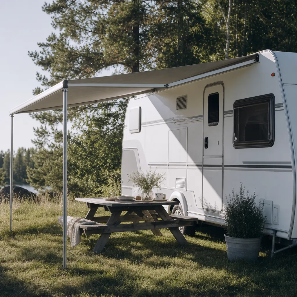 Utfälld markis vid husvagn på camping en sommareftermiddag