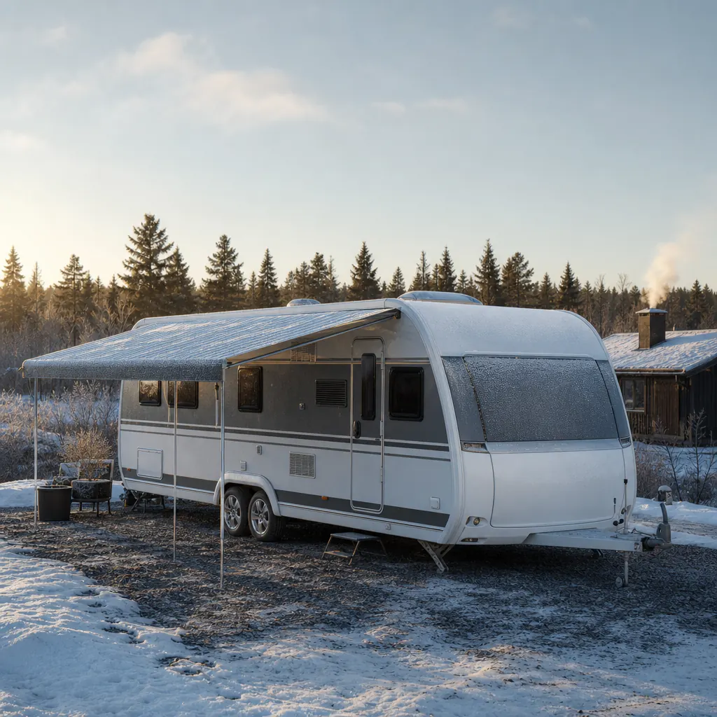 Vinteranpassad husvagn på snöig grusplan i norra Sverige