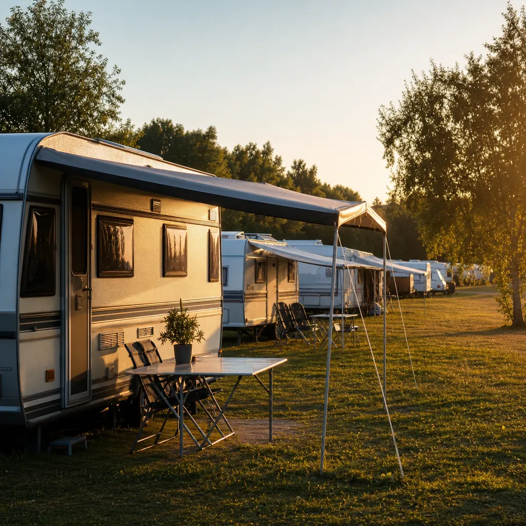 Husvagnar på svensk camping i kvällsljus med utfällda markiser