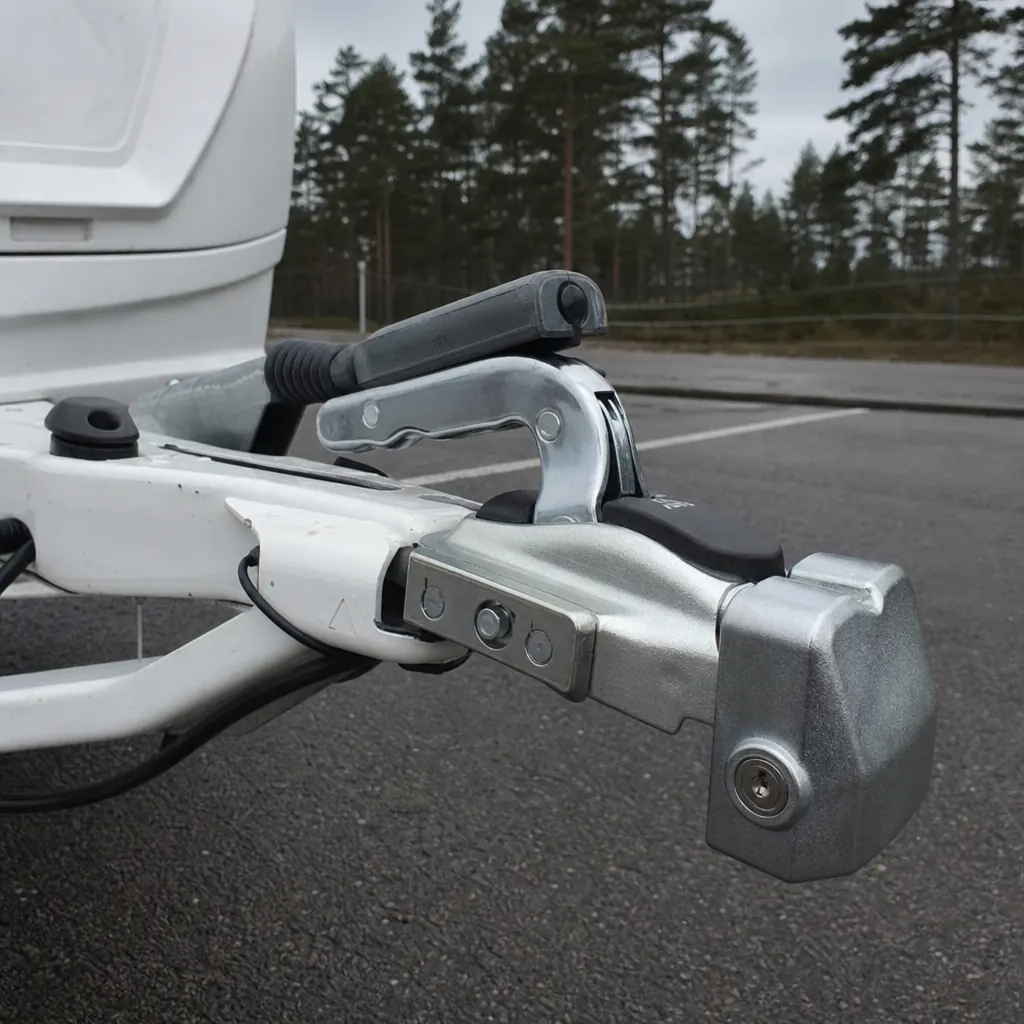 Närbild på SSF-godkänt kopplingslås monterat på husvagn på svensk uppställningsplats