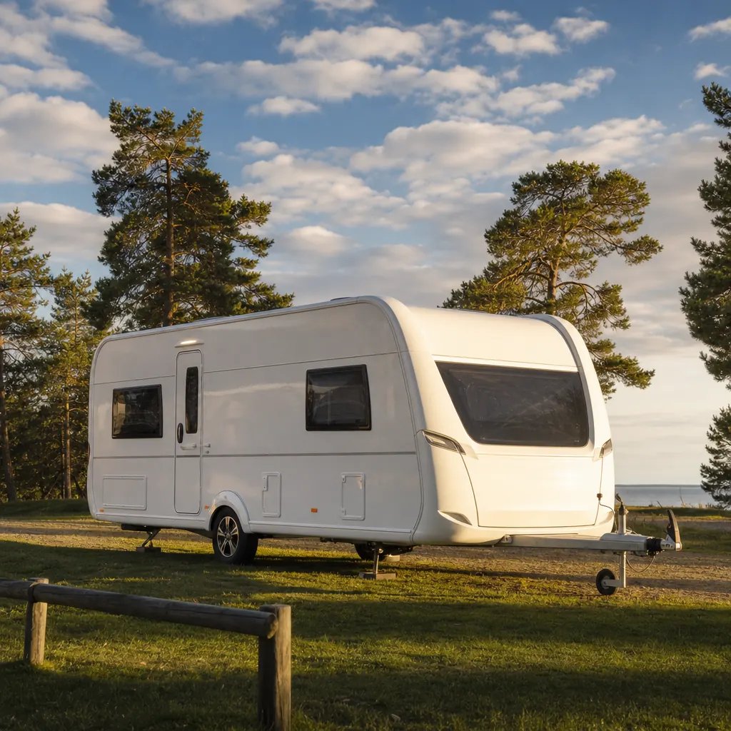 Svensk husvagn vid sommarcamping med blå himmel och pinjeträd i bakgrund