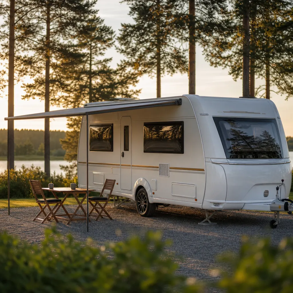Tabbert premiumhusvagn parkerad på svensk campingplats vid skogsbryn