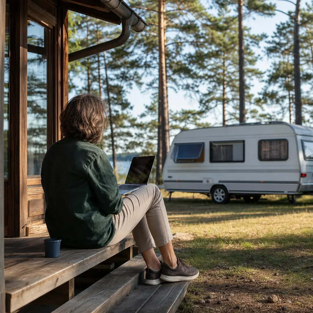 Person med laptop och kaffemugg vid husvagn på sommarstuga