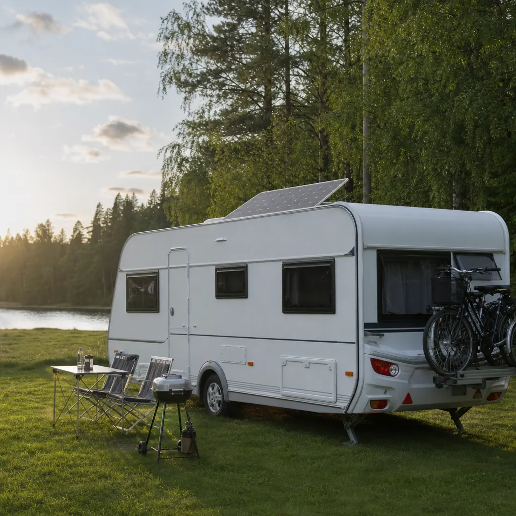 Husvagn på camping med bord, grill, solpanel och cykelhållare