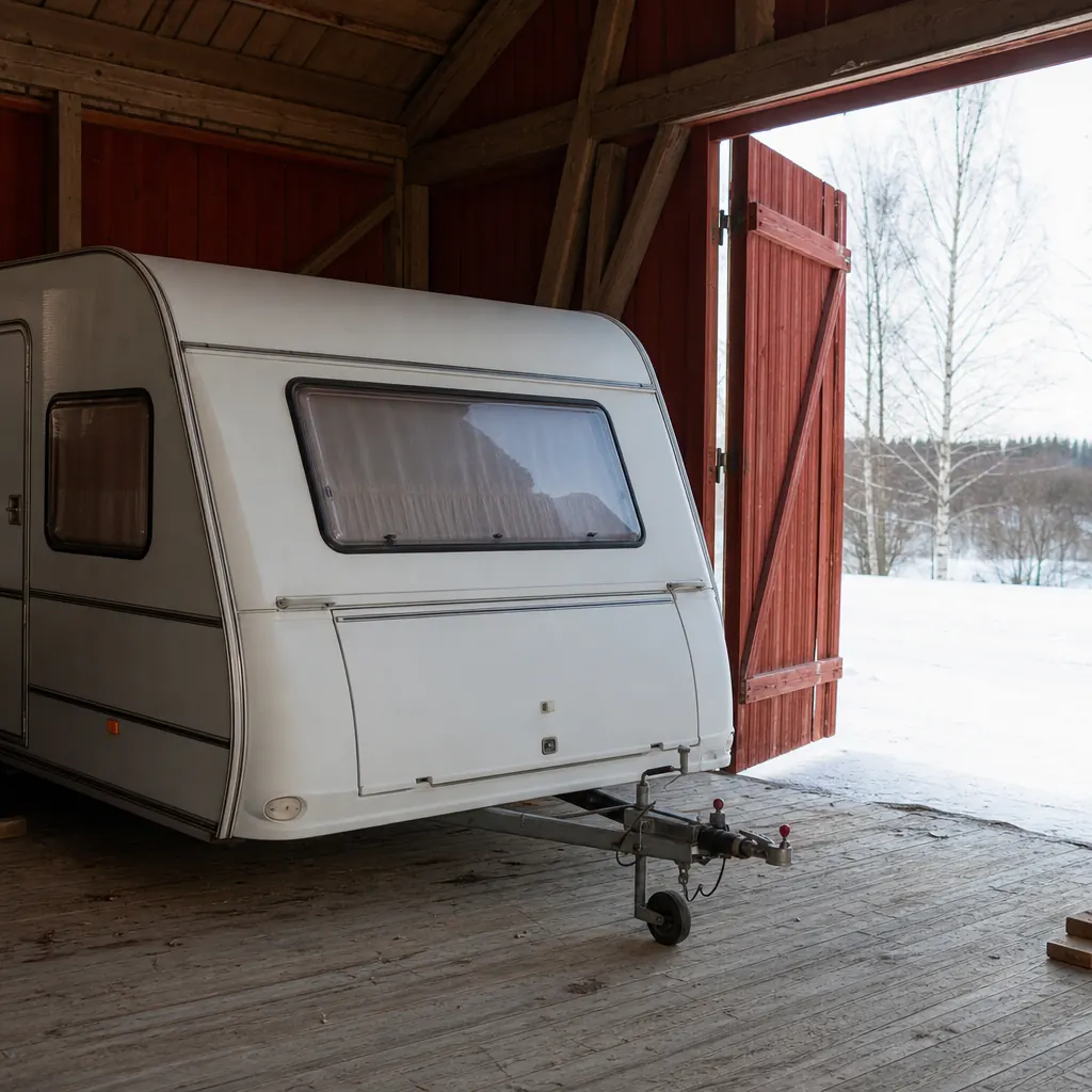 Husvagn vinterförvarad i ett rött trähus med snö utanför